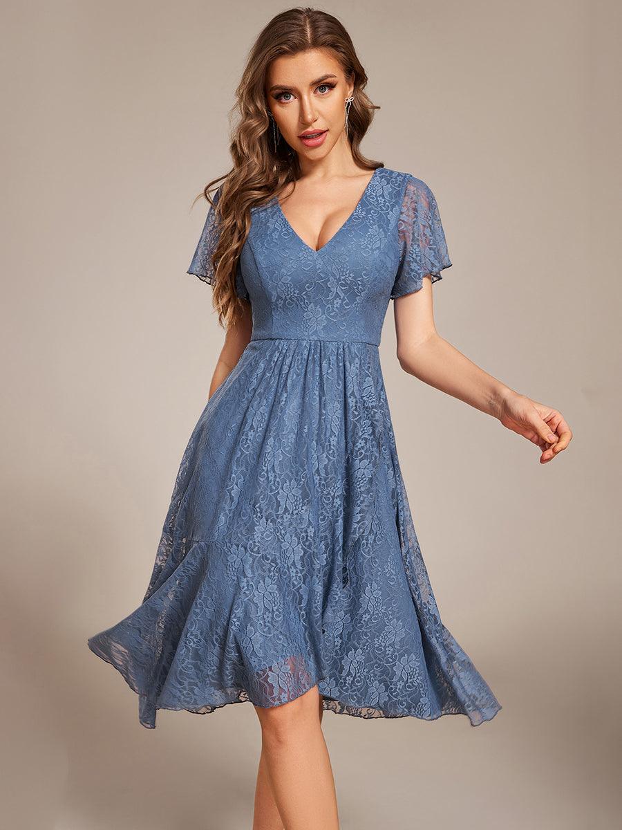 Ruffled Sleeves Lace A-Line Formal Evening Dress #color_Dusty Blue
