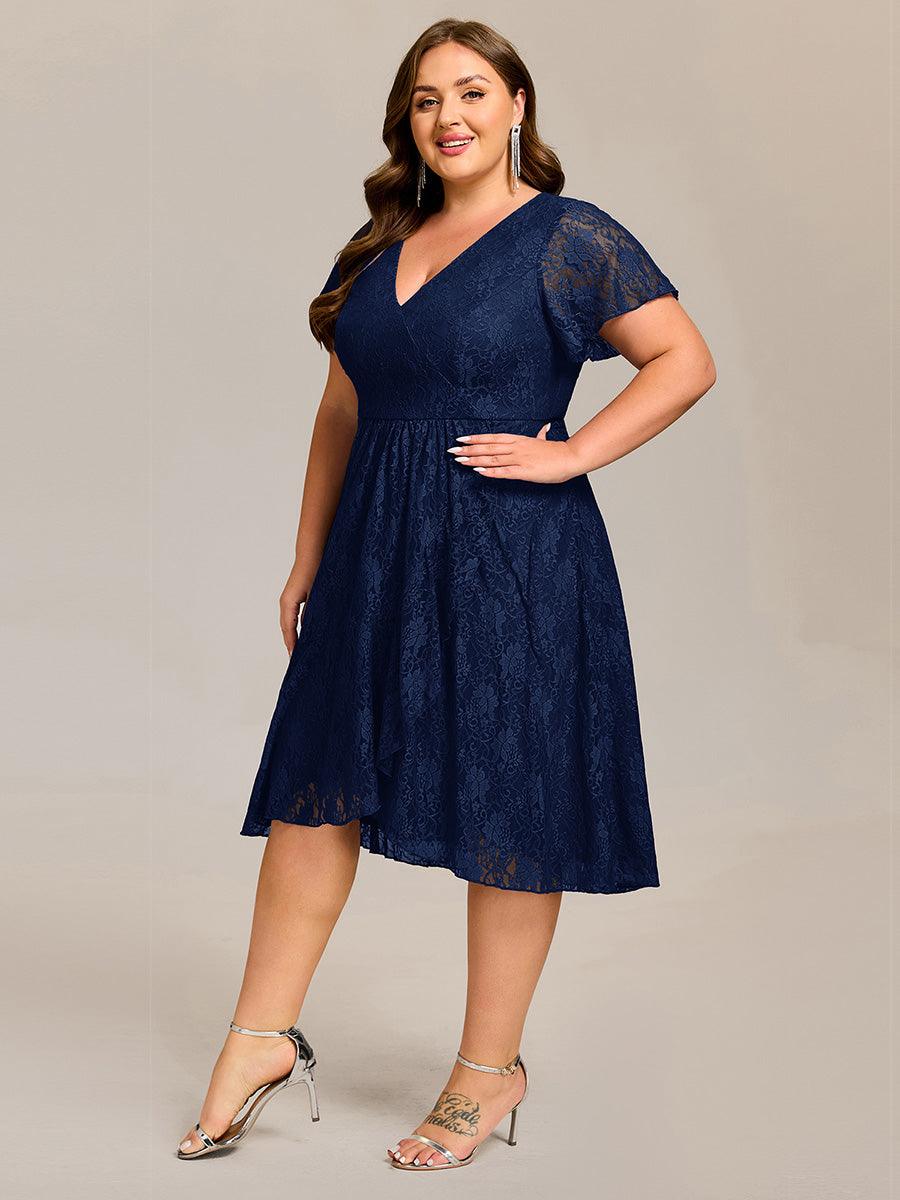 Ruffled Sleeves Lace A-Line Formal Evening Dress #color_Navy Blue