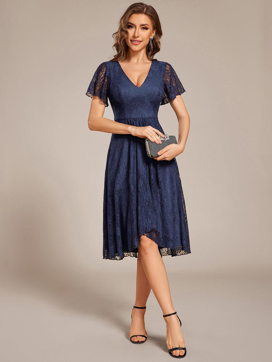 Ruffled Sleeves Lace A-Line Formal Evening Dress #color_Navy Blue