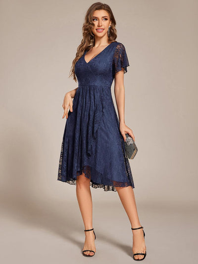 Ruffled Sleeves Lace A-Line Formal Evening Dress #color_Navy Blue