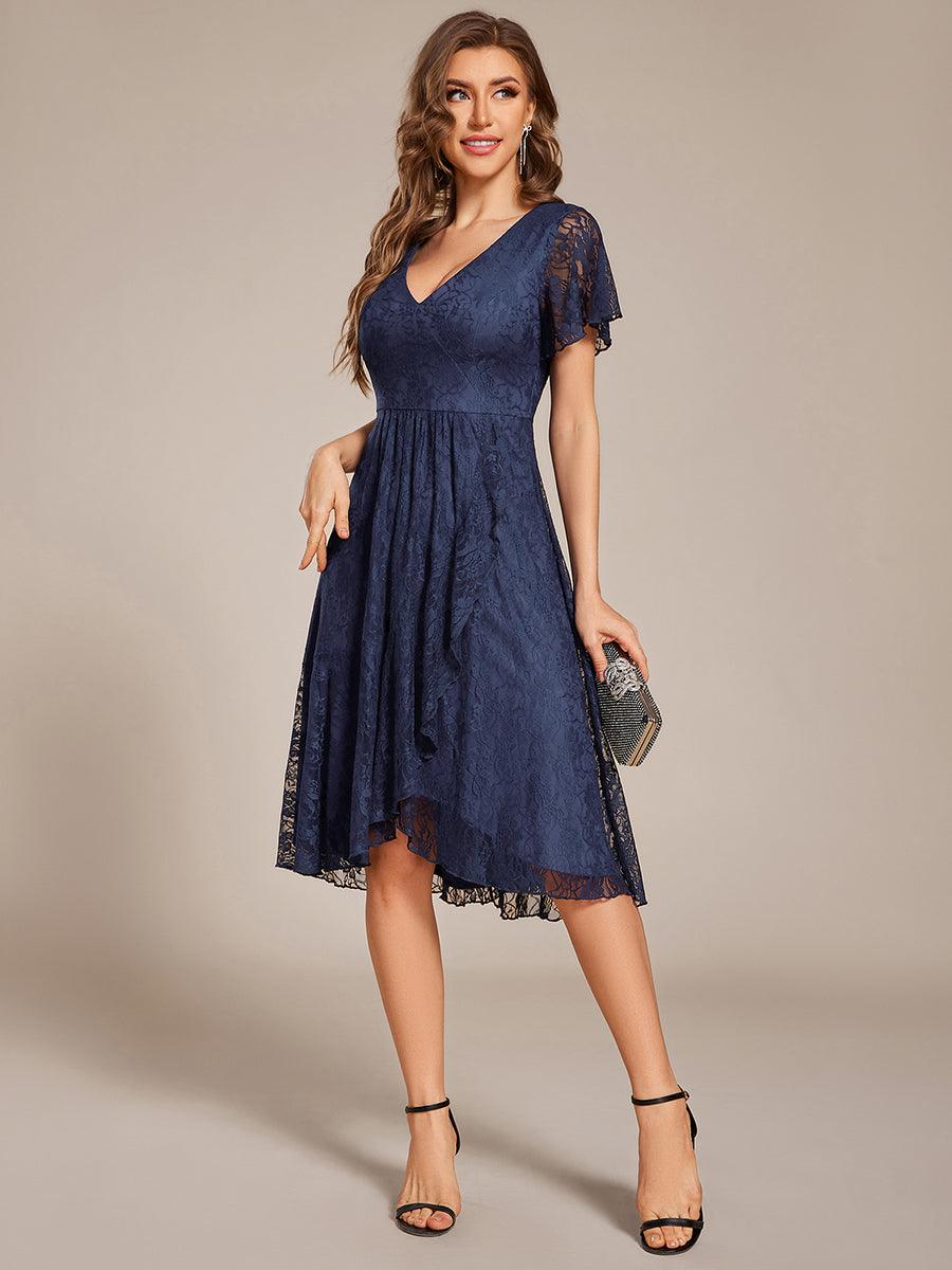 Ruffled Sleeves Lace A-Line Formal Evening Dress #color_Navy Blue