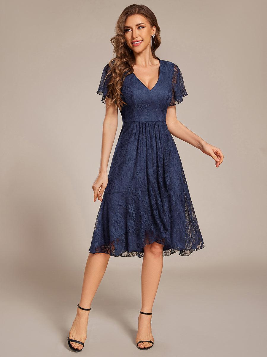 Ruffled Sleeves Lace A-Line Formal Evening Dress #color_Navy Blue