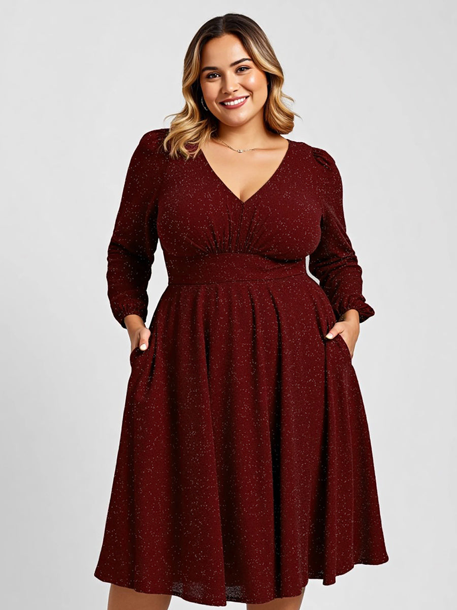 Glitter long Sleeve A-Line Midi Dress With Pocket #color_Burgundy