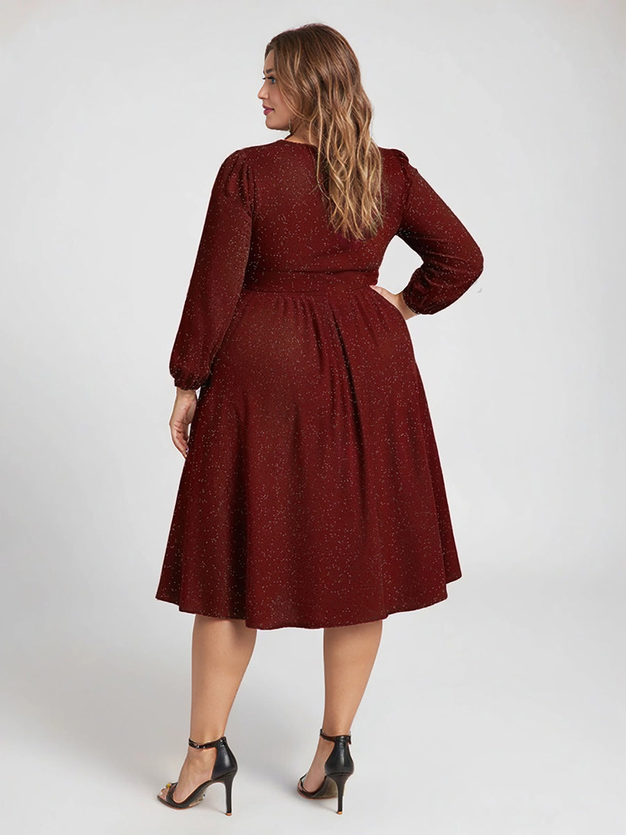 Glitter long Sleeve A-Line Midi Dress With Pocket #color_Burgundy