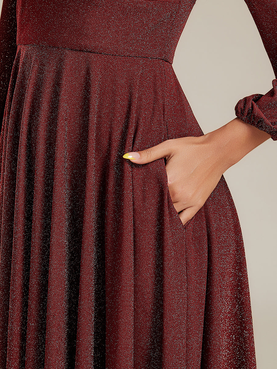 Plus Size Glitter long Sleeve Midi Dress With Pocket #color_Burgundy