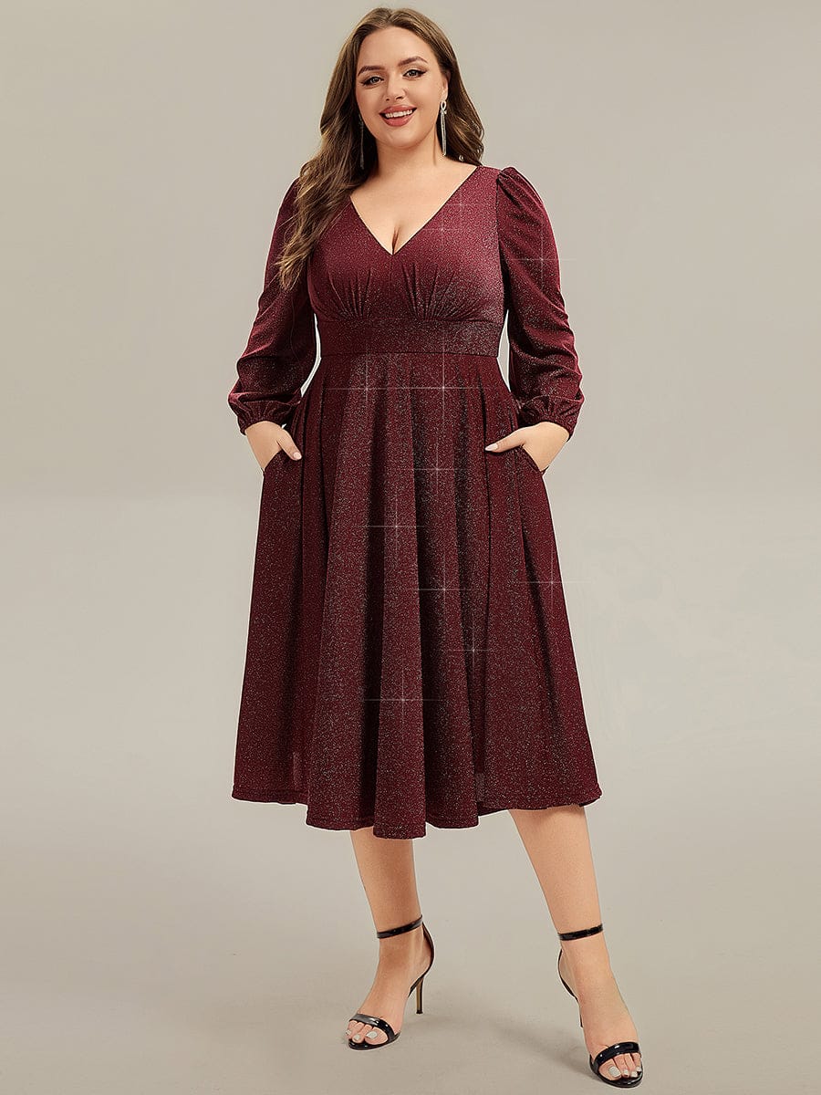 With Pocket Glitter Midi Wedding Guest Dress #color_Burgundy