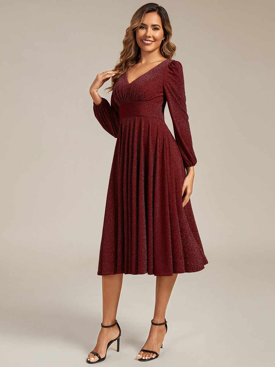 Glitter long Sleeve A-Line Midi Dress With Pocket #color_Burgundy