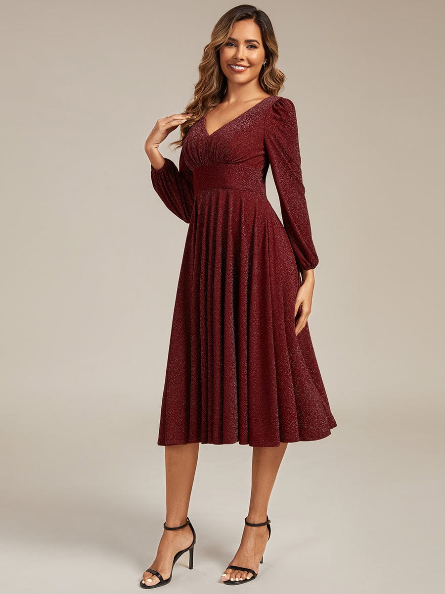 With Pocket Glitter Midi Wedding Guest Dress #color_Burgundy