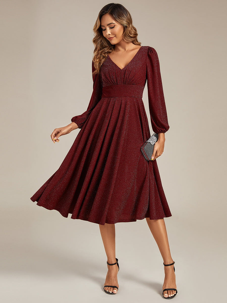 Glitter long Sleeve A-Line Midi Dress With Pocket #color_Burgundy