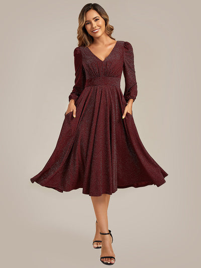 With Pocket Glitter Midi Wedding Guest Dress #color_Burgundy