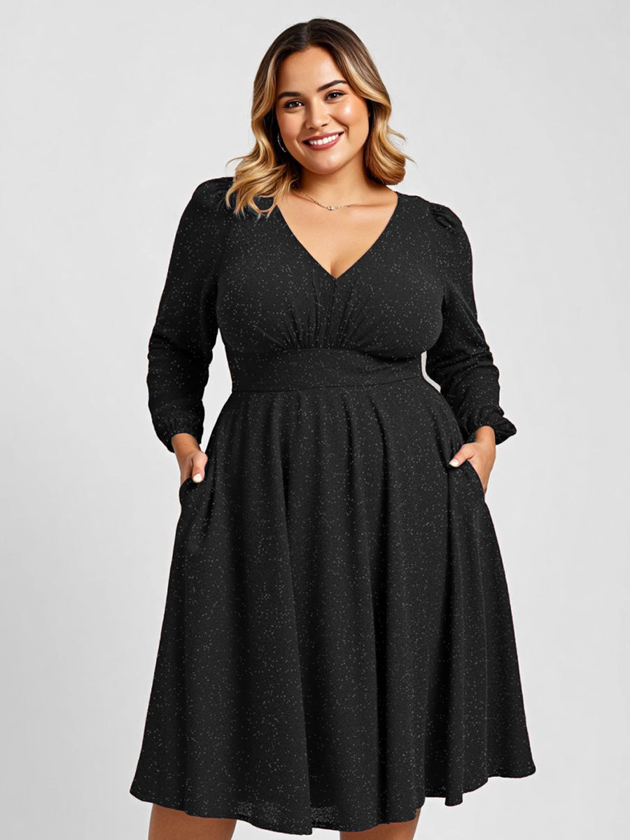 Glitter long Sleeve A-Line Midi Dress With Pocket #color_Black