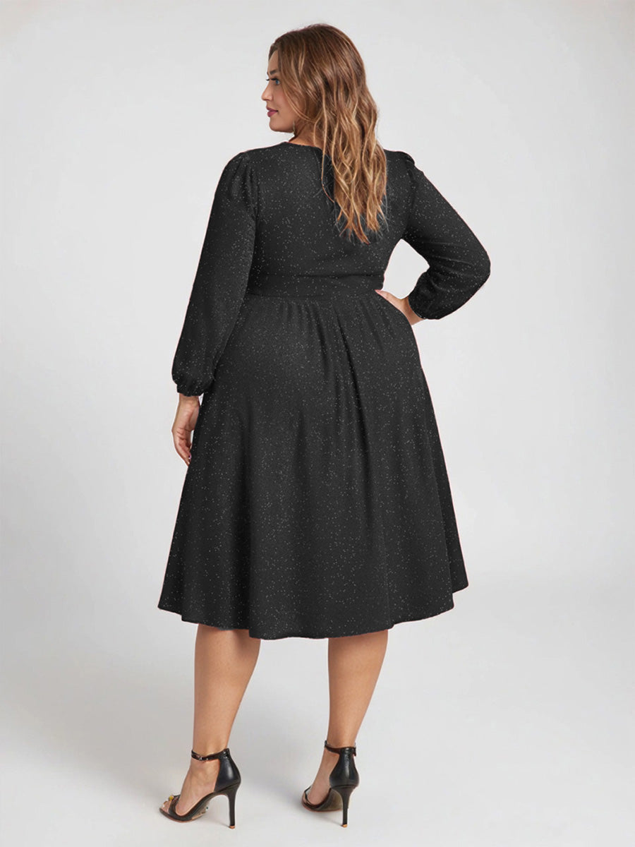 Glitter long Sleeve A-Line Midi Dress With Pocket #color_Black