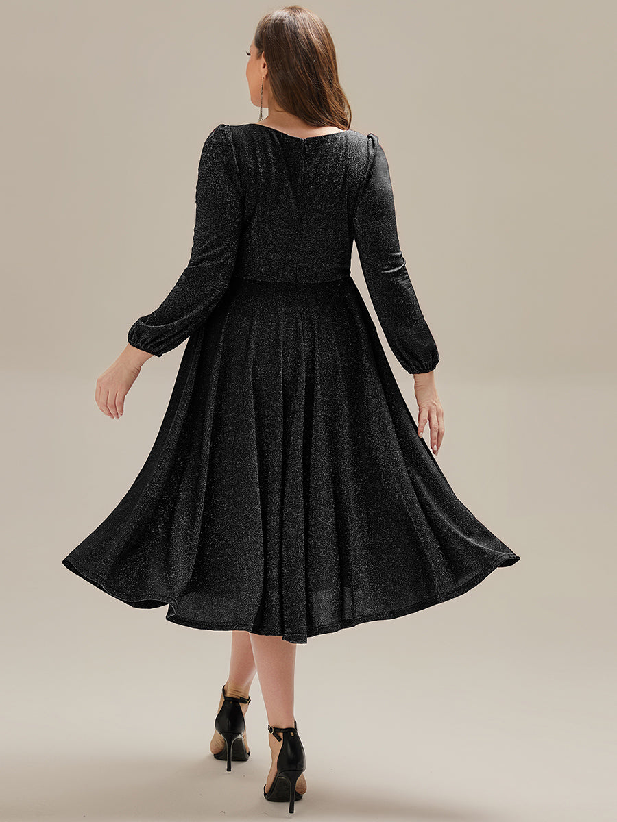 Plus Size Glitter long Sleeve Midi Dress With Pocket #color_Black