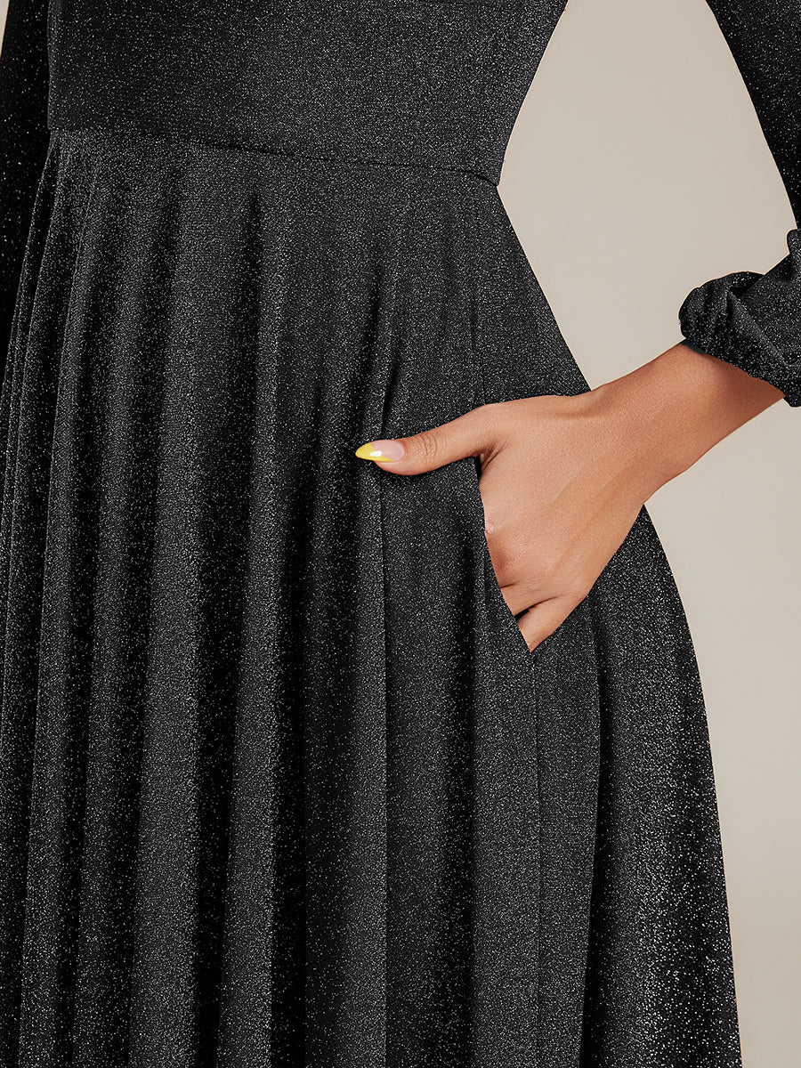 Plus Size Glitter long Sleeve Midi Dress With Pocket #color_Black