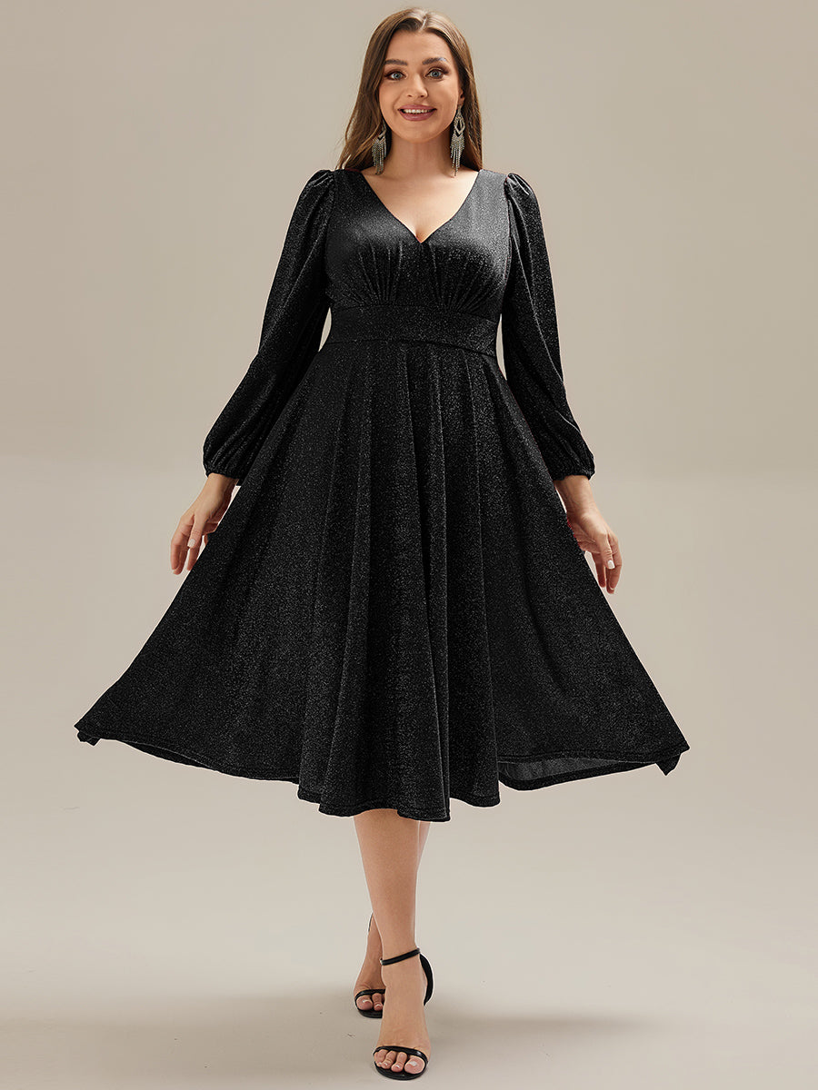 Plus Size Glitter long Sleeve Midi Dress With Pocket #color_Black