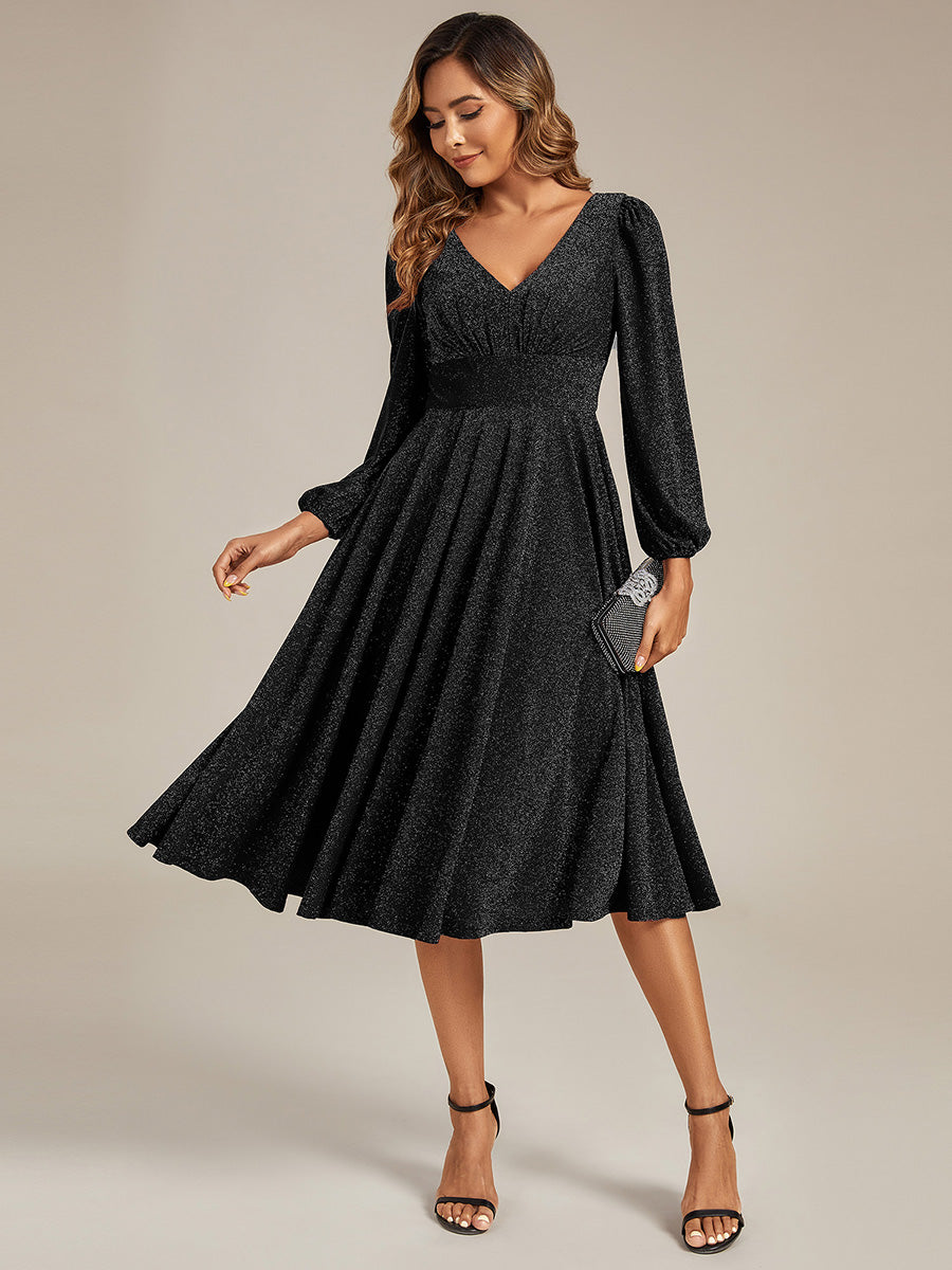 Glitter long Sleeve A-Line Midi Dress With Pocket #color_Black