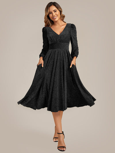 Glitter long Sleeve A-Line Midi Dress With Pocket #color_Black