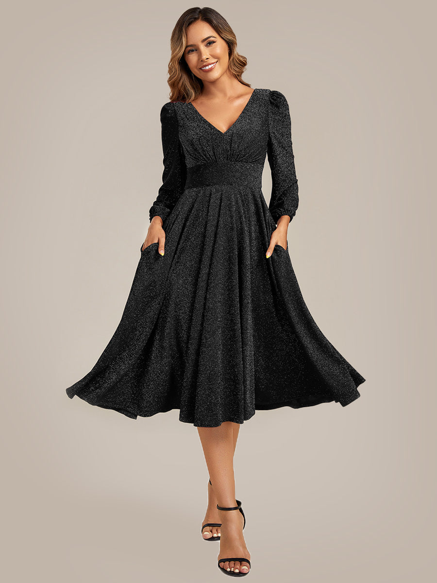 With Pocket Glitter Midi Wedding Guest Dress #color_Black