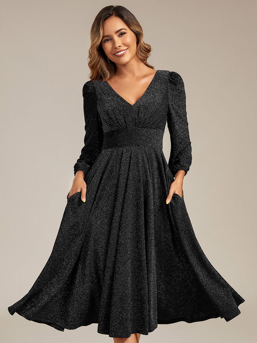 my new love glitter midi dress Ever-Pretty Long Sleeve Sparkly with Pockets for Fall Wedding Guests & Holiday Parties long black sequin dress accessories