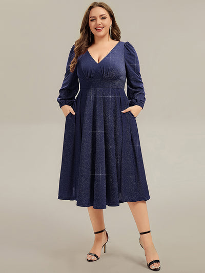 Plus Size Glitter long Sleeve Midi Dress With Pocket #color_Navy Blue