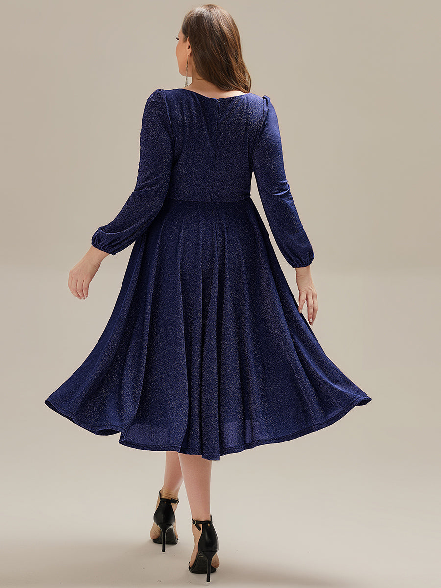 Plus Size Glitter long Sleeve Midi Dress With Pocket #color_Navy Blue