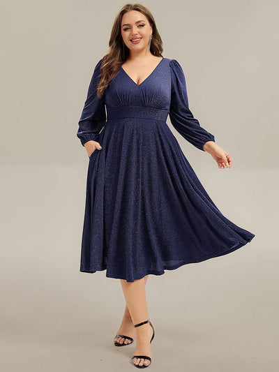Plus Size With Pocket Glitter Midi Wedding Guest Dress #color_Navy Blue
