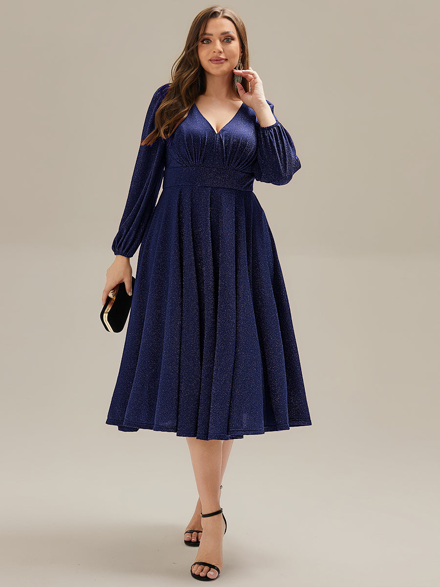 Plus Size Glitter long Sleeve Midi Dress With Pocket #color_Navy Blue