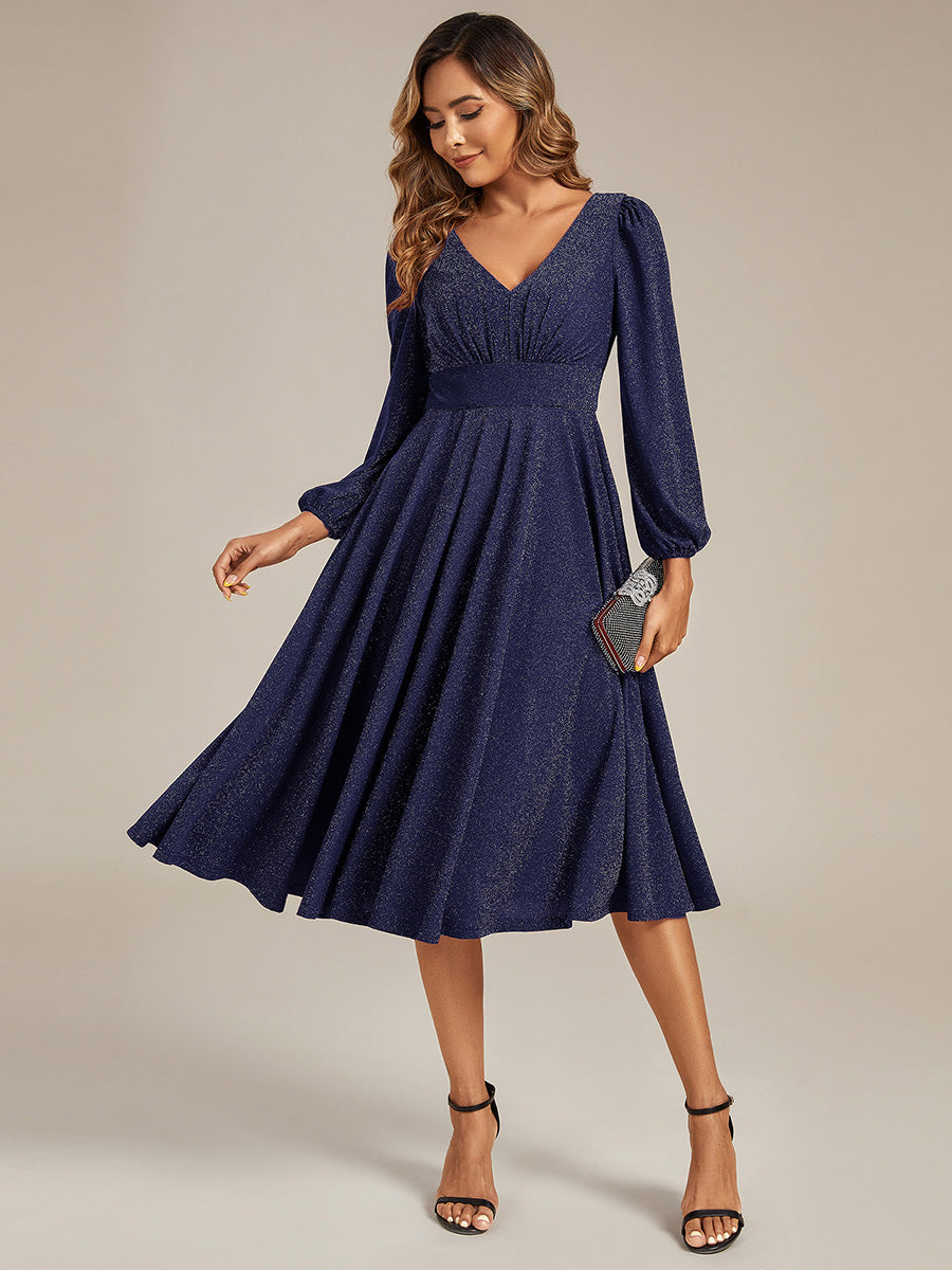Glitter long Sleeve A-Line Midi Dress With Pocket #color_Navy Blue