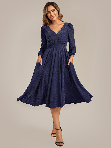 long sleeve midi dress holiday Sail To Sable Anne Navy Plus Sequin Midi Dress V Neck Long Sleeve Holiday Xxxl