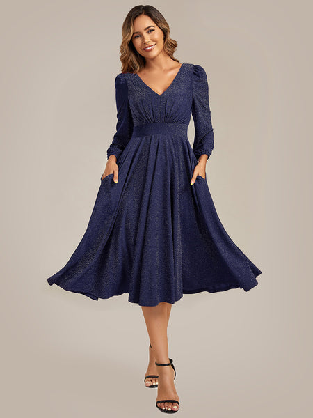 Ever-Pretty Long Sleeve Glitter Sparkly Midi Dress with Pockets for Summer Wedding Guests & Holiday Parties