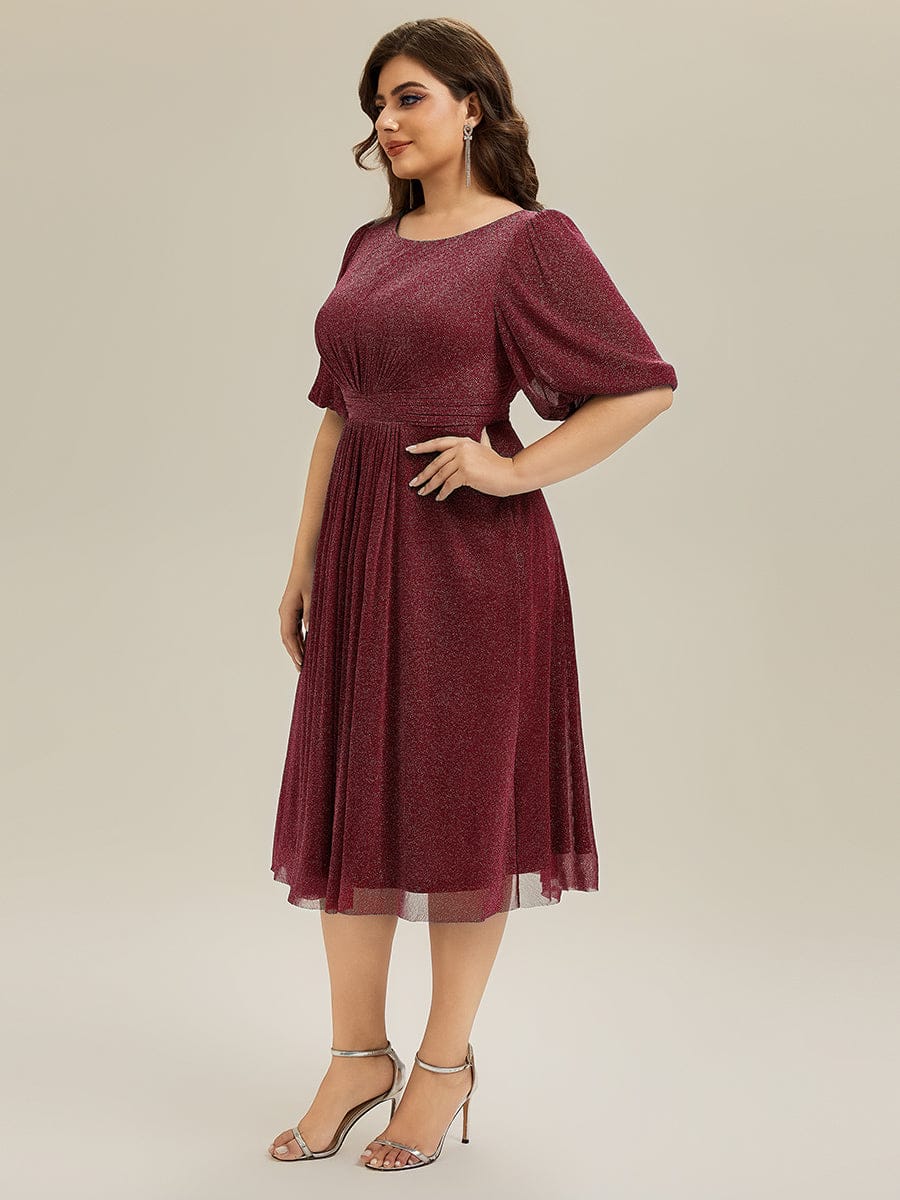 Plus Size Glitter Half Sleeve A-Line Wedding Guest Dress #color_Burgundy