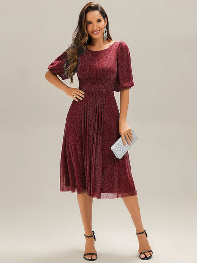 Shimmery Lantern Sleeve A-Line Wedding Guest Dress #color_Burgundy