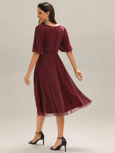Shimmery Lantern Sleeve A-Line Wedding Guest Dress #color_Burgundy
