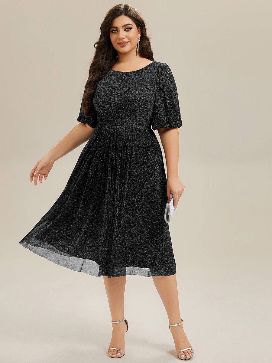 Plus Size Glitter Half Sleeve A-Line Wedding Guest Dress #color_Black