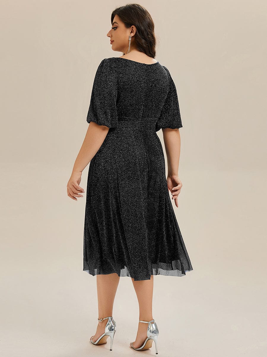 Plus Size Glitter Half Sleeve A-Line Wedding Guest Dress #color_Black