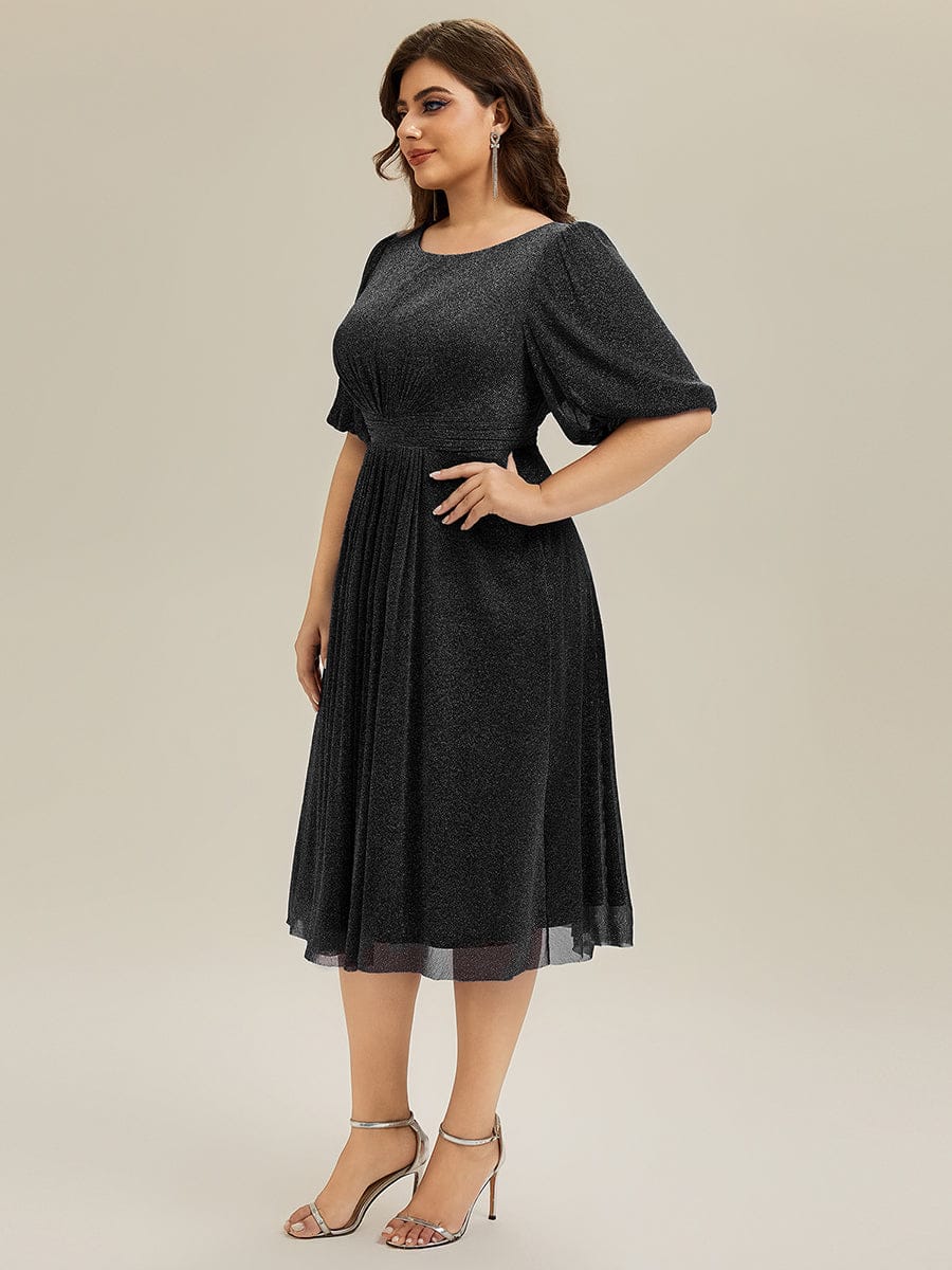 Plus Size Glitter Half Sleeve A-Line Wedding Guest Dress #color_Black
