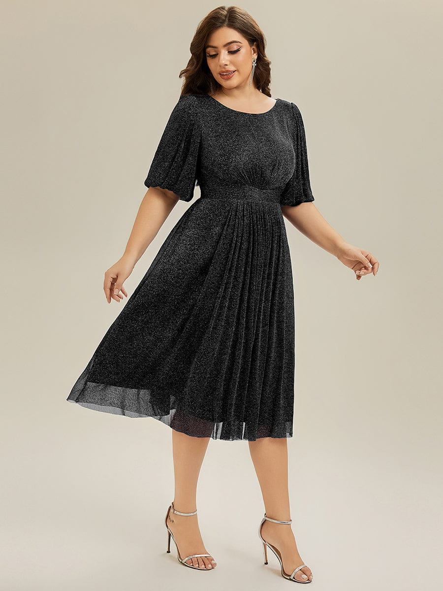 Plus Size Glitter Half Sleeve A-Line Wedding Guest Dress #color_Black