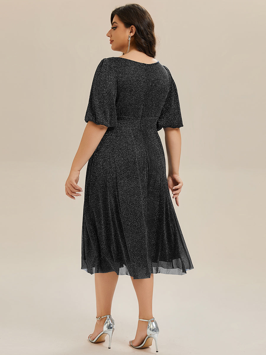 Plus Size Short Sleeves Sequin High Low V-Neck Midi Formal Evening Dress #color_Teal