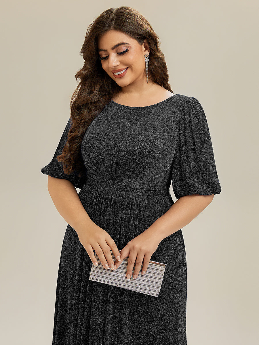 Plus Size Short Sleeves Sequin High Low V-Neck Midi Formal Evening Dress #color_Teal