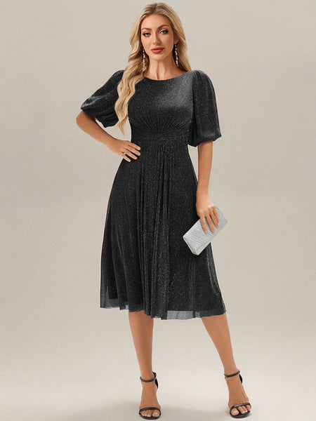 Ever-Pretty ever MARIS|Shimmery Lantern Sleeve A-Line Fall Wedding Guest Dress In Navy Blue Size 4