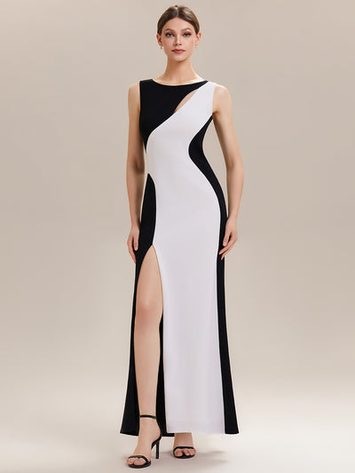 High Slit Cut-Out Curve Knit Sleeveless Wedding Guest Dress #color_Ivory-Black