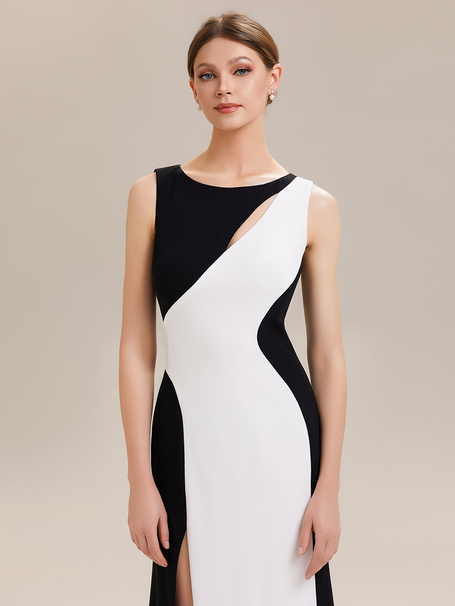 High Slit Cut-Out Curve Knit Sleeveless Wedding Guest Dress #color_Ivory-Black