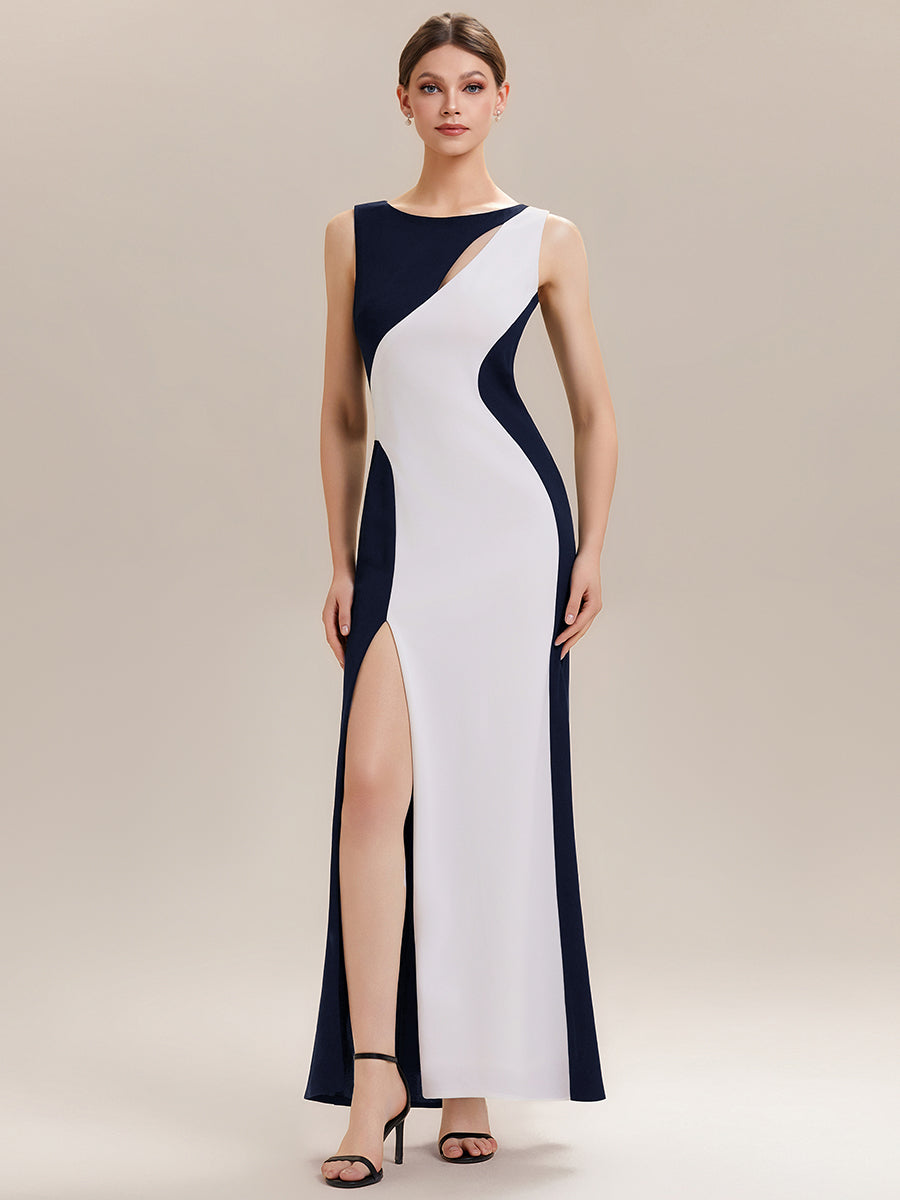 High Slit Cut-Out Curve Knit Sleeveless Wedding Guest Dress #color_Navy Blue