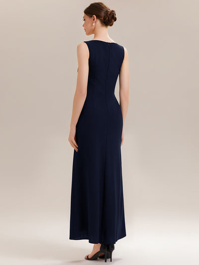 High Slit Cut-Out Curve Knit Sleeveless Wedding Guest Dress #color_Navy Blue