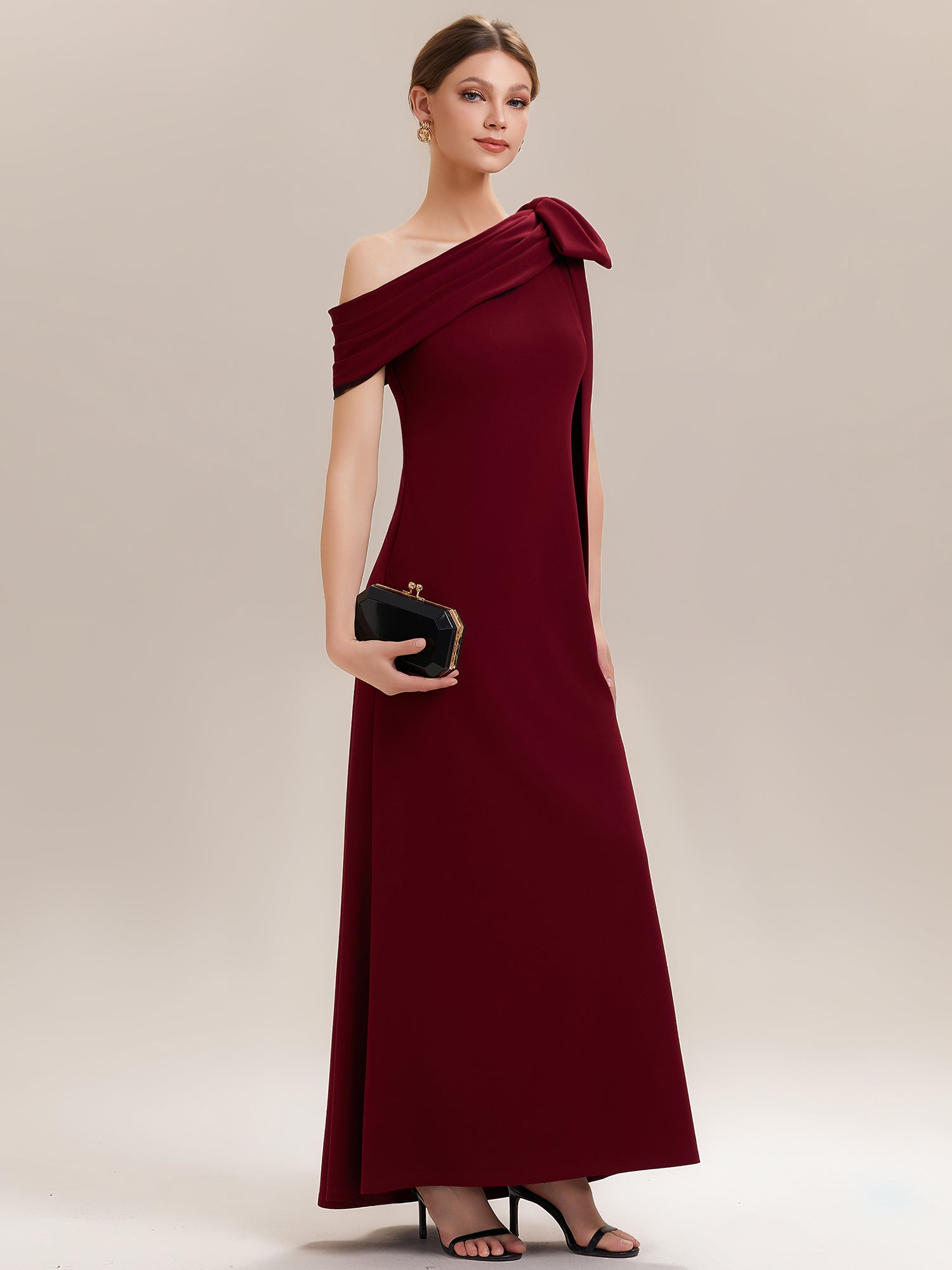 Asymmetric Shoulder with Bow Knit Wedding Guest Dress #color_Dark Red