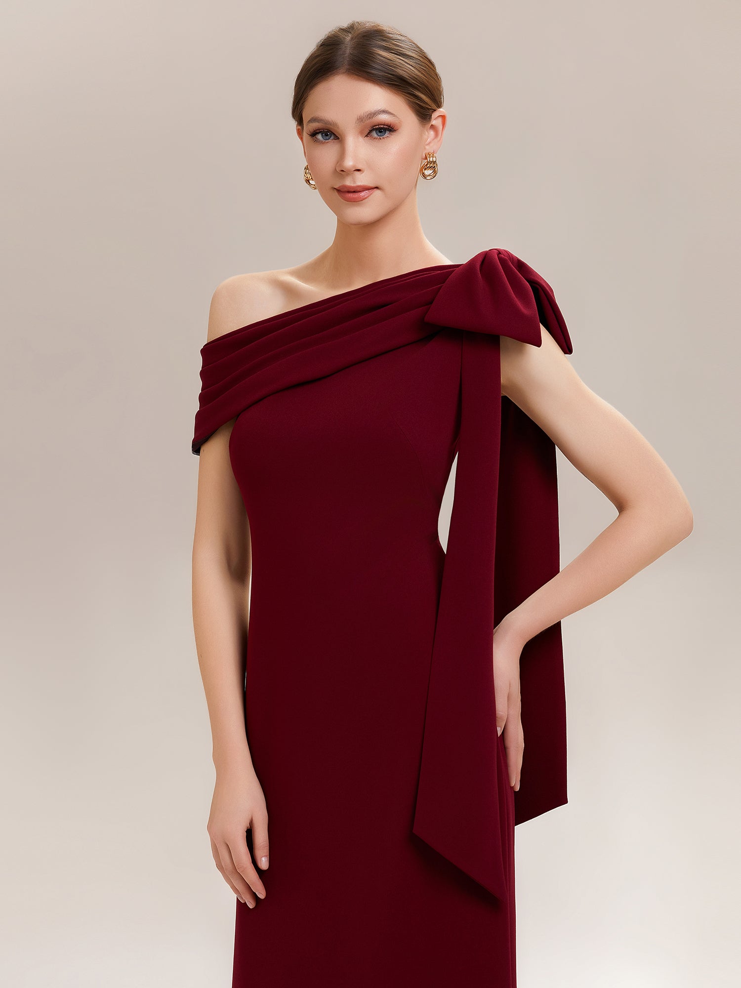 Asymmetric Shoulder with Bow Knit Wedding Guest Dress #color_Dark Red