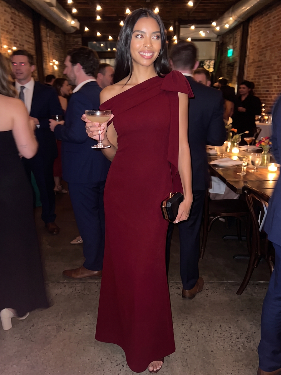 Asymmetric Shoulder with Bow Knit Wedding Guest Dress #color_Dark Red
