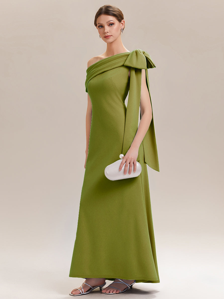 Asymmetric Shoulder with Bow Knit Wedding Guest Dress #color_Citron