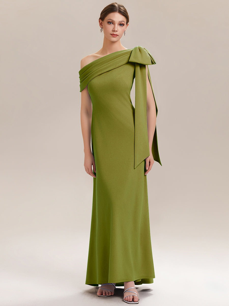 Asymmetric Shoulder with Bow Knit Wedding Guest Dress #color_Citron