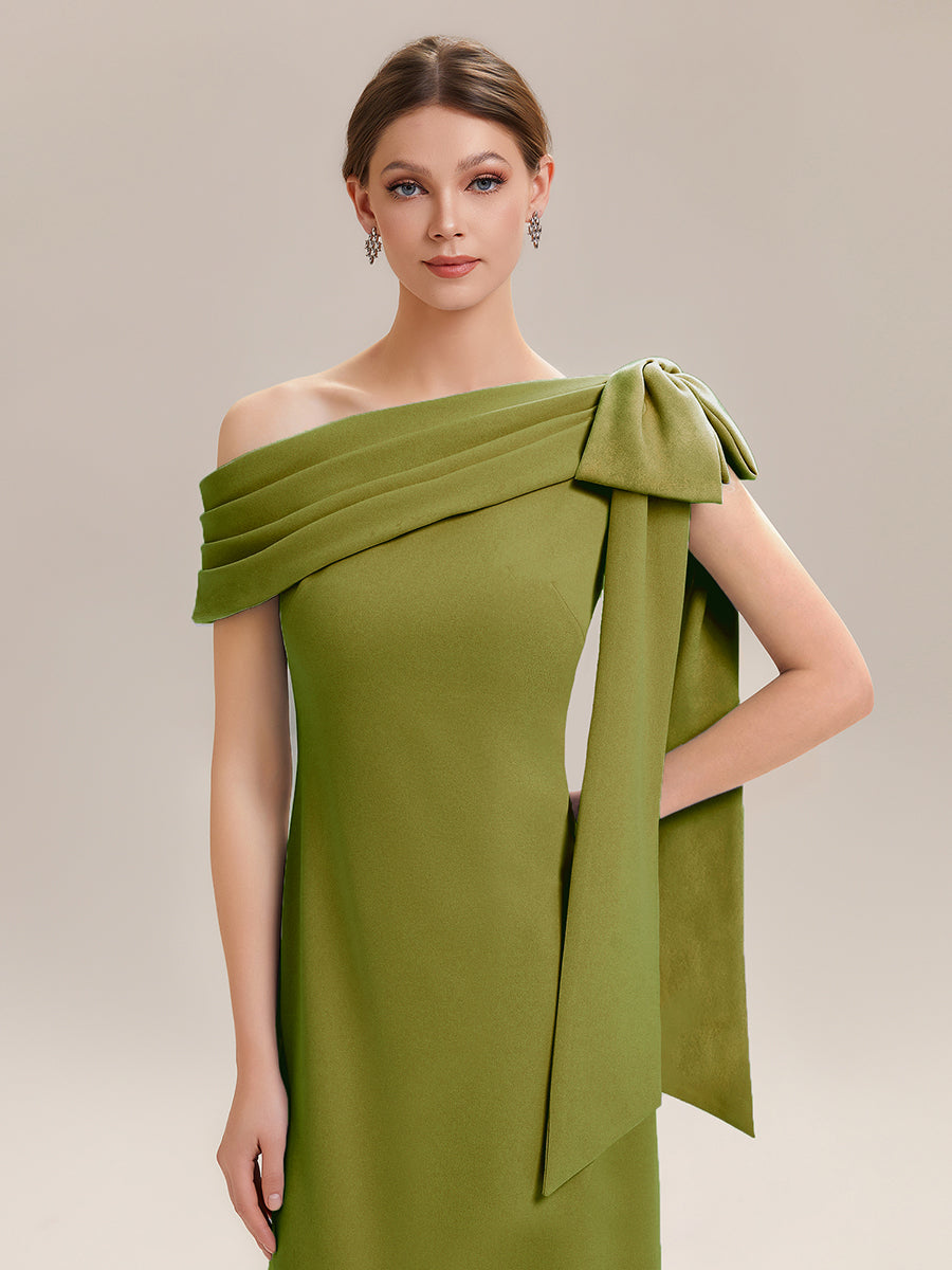 Asymmetric Shoulder with Bow Knit Wedding Guest Dress #color_Citron